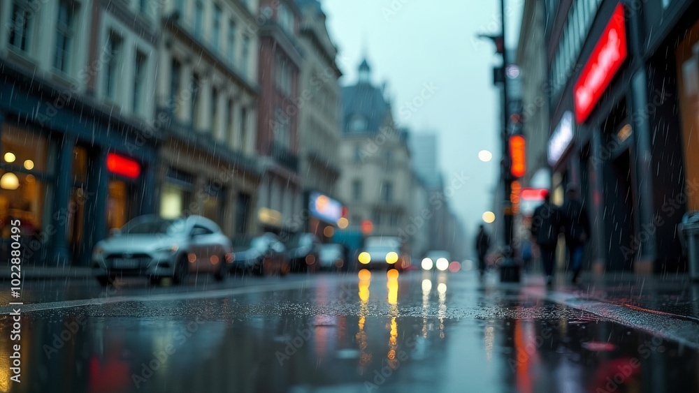 Fototapeta premium Rainy Evening in Busy City Street With Reflections