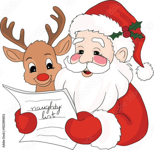 Santa Claus and reindeer reading the naughty list Art & Illustration
