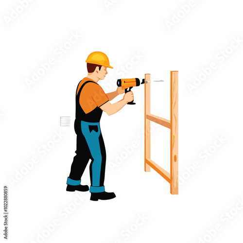 A construction worker using a power drill to attach a wooden plank to a wooden frame.