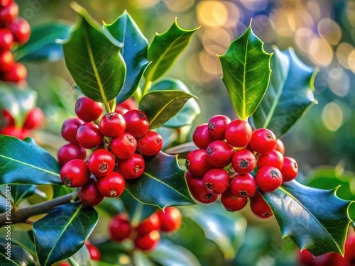 Vibrant Lusterleaf Holly Foliage with Glossy Green Leaves and Bright Red Berries in Natural Setting