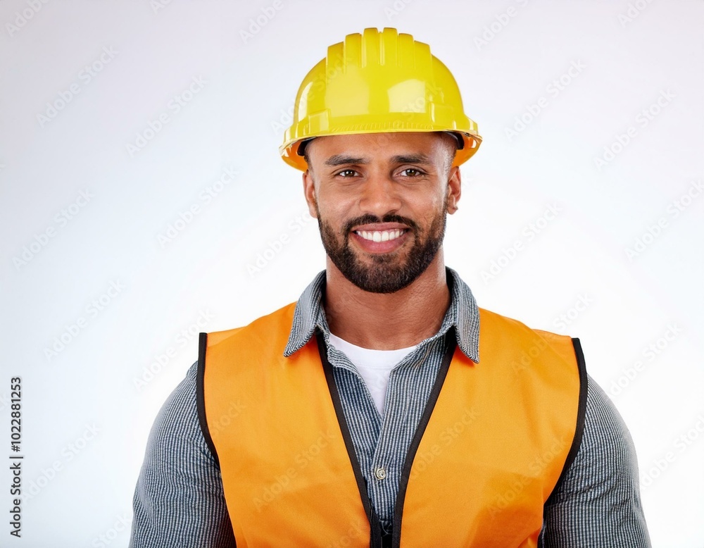 Male worker in vest and hardhat on white background Male worker in vest and hardhat on white background