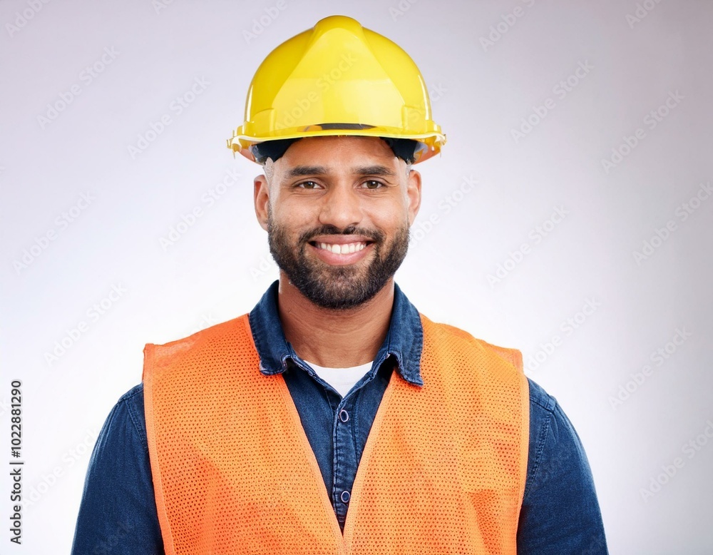 Male worker in vest and hardhat on white background