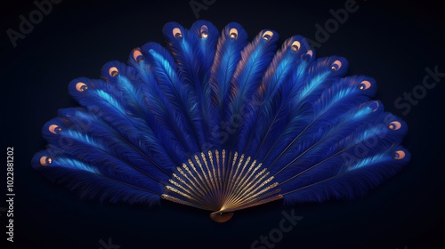 Blue peacock feathers fan, intricate design, vibrant colors