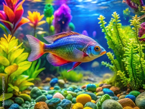 Vibrant Maccullochi Rainbow Fish Swimming in Clear Water Among Colorful Aquatic Plants and Rocks