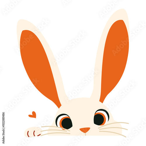 Cute white rabbit peeking out from behind a banner. Flat vector illustration on white background, space for your text . Vector illustration