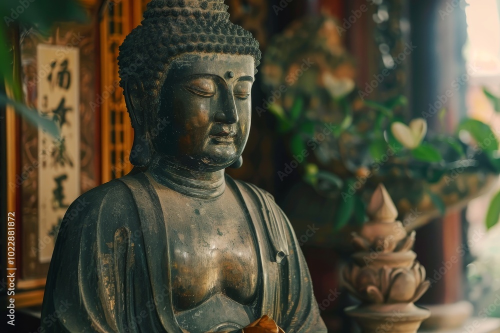A bronze statue of Buddha exudes tranquility, surrounded by vibrant greenery and ornate decorations in a peaceful meditation area, inviting reflection and calmness. A bronze statue of Buddha exudes tranquility, surrounded by vibrant greenery and ornate decorations in a peaceful meditation area, inviting reflection and calmness.