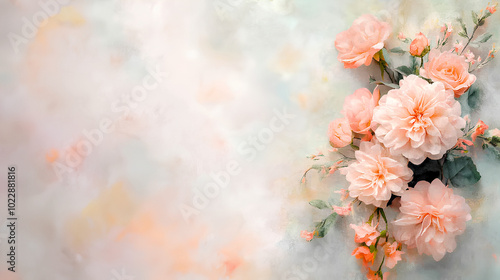 Delicate flower and floral arrangement against pastel watercolor background for wedding invitation design
 photo