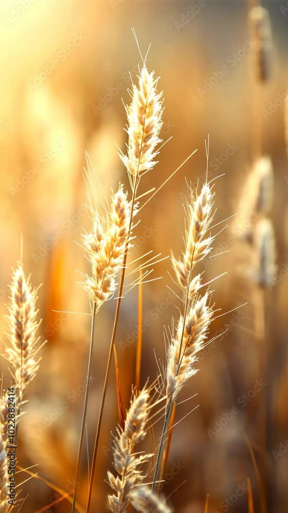 Golden wheat stalks in sunlight, close-up abstract nature concept