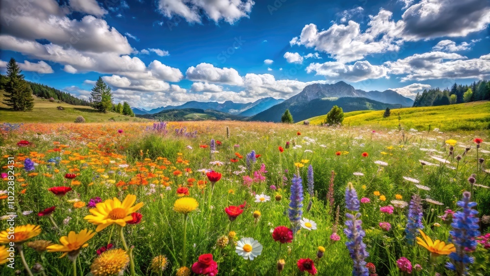 Vibrant Meadow Landscape with Lush Green Grass and Colorful Wildflowers Under a Clear Blue Sky Vibrant Meadow Landscape with Lush Green Grass and Colorful Wildflowers Under a Clear Blue Sky