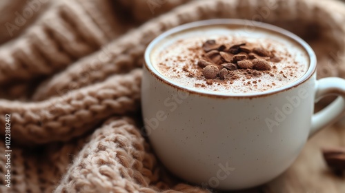 A cozy winter scarf and gloves on a wooden surface, with a mug of hot cocoa beside them, soft winter mood