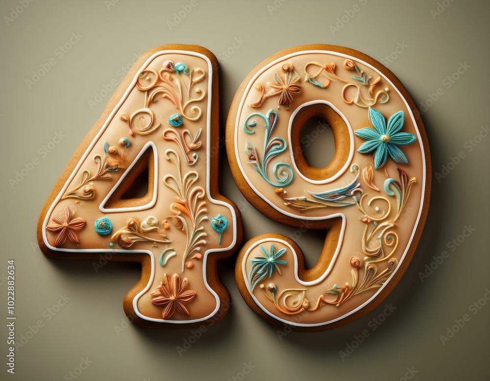 Decorated cookie, number 49, illustration for birthday or anniversary celebration Decorated cookie, number 49, illustration for birthday or anniversary celebration