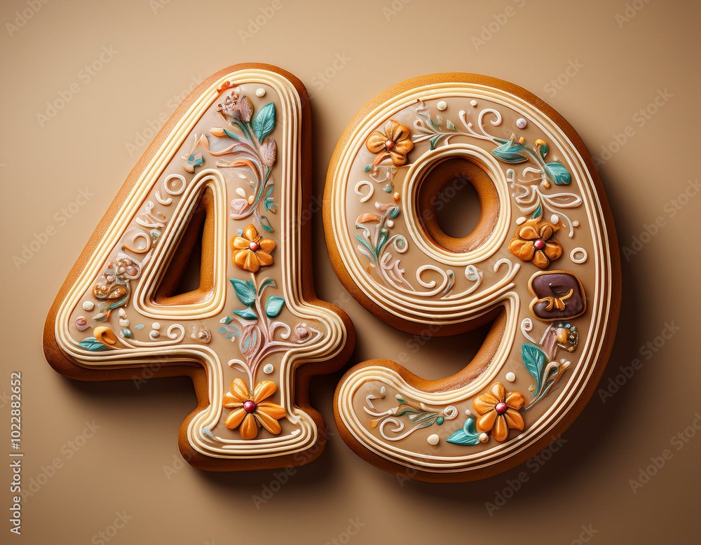 Decorated cookie, number 49, illustration for birthday or anniversary celebration Decorated cookie, number 49, illustration for birthday or anniversary celebration