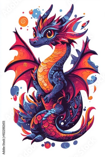 Wallpaper Mural A flat style illustrated dragon, isolate on white background, highlighting its unique features and vibrant colors. Torontodigital.ca