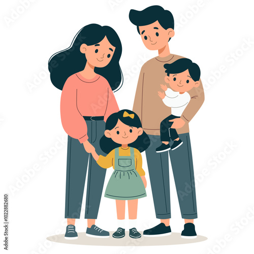 Flat vector illustration. Cute family, mom, dad, daughter and son on white background . Vector illustration