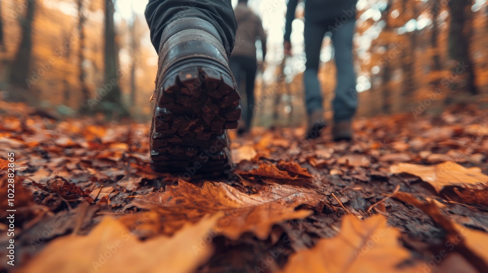 Friends Hiking on a Trail Covered in Golden Leaves Friends Hiking on a Trail Covered in Golden Leaves