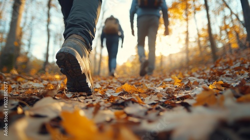 Friends Hiking on a Trail in Golden Autumn Leaves