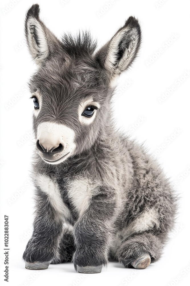 Fototapeta premium A baby donkey, isolate on white background, showcasing its adorable features and playful nature.