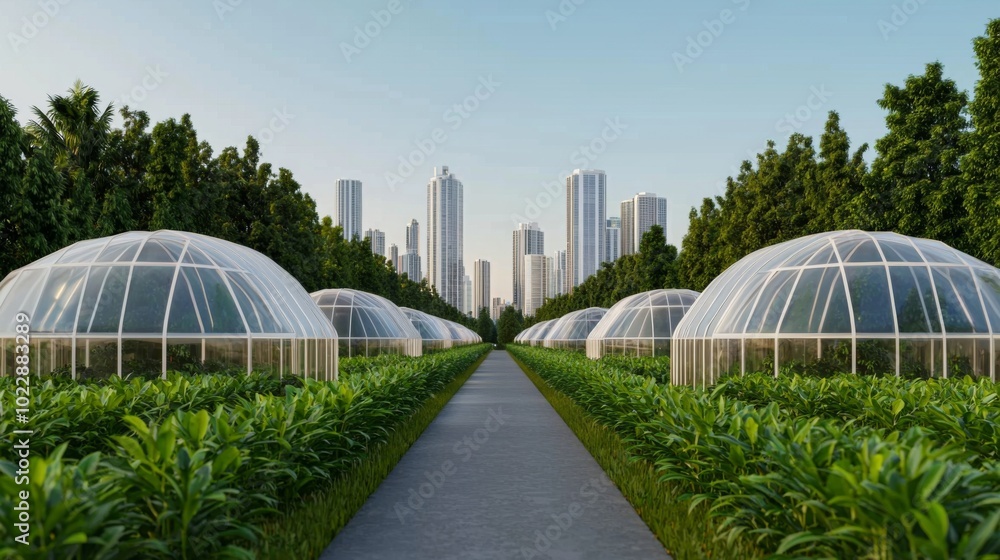 Obraz premium Eco-Friendly Futuristic City with Greenhouses
