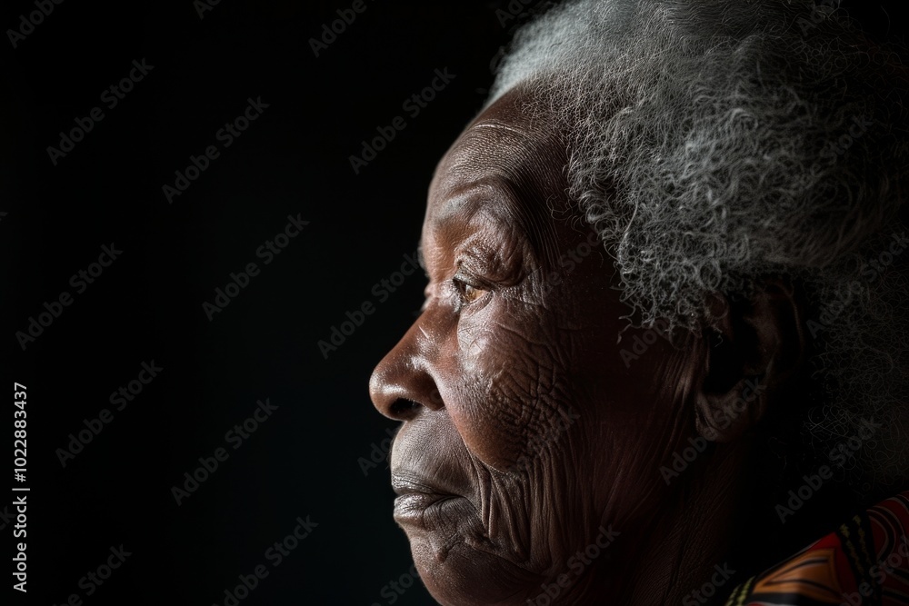 An elderly woman with white hair gazes thoughtfully into the distance against a dark backdrop, embodying wisdom and a lifetime of experiences in her serene expression. An elderly woman with white hair gazes thoughtfully into the distance against a dark backdrop, embodying wisdom and a lifetime of experiences in her serene expression.