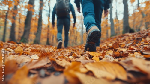 Hikers Walking Through Golden Leaves on Forest Path