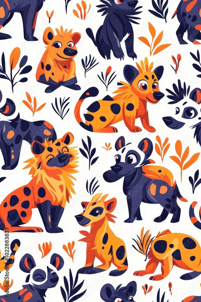 A flat style seamless pattern featuring hyenas, isolate on white background, showcasing their various poses. A flat style seamless pattern featuring hyenas, isolate on white background, showcasing their various poses.