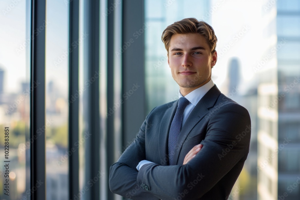 A confident young businessman stands by large windows in a modern office. The city skyline creates a stunning backdrop. Professional attire showcases success. Generative AI A confident young businessman stands by large windows in a modern office. The city skyline creates a stunning backdrop. Professional attire showcases success. Generative AI