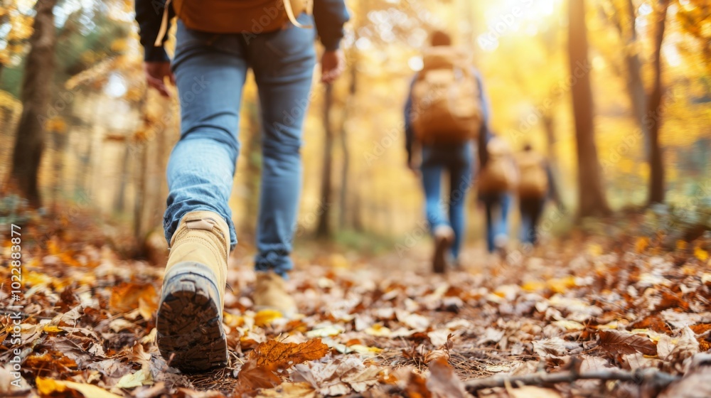 Friends Hiking Through a Golden Autumn Forest Friends Hiking Through a Golden Autumn Forest