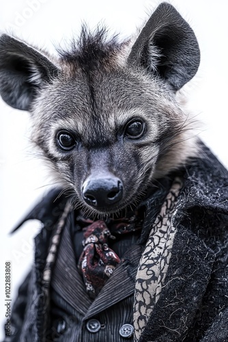 A hyena in a suit, isolate on white background, presenting a humorous and quirky visual concept. photo