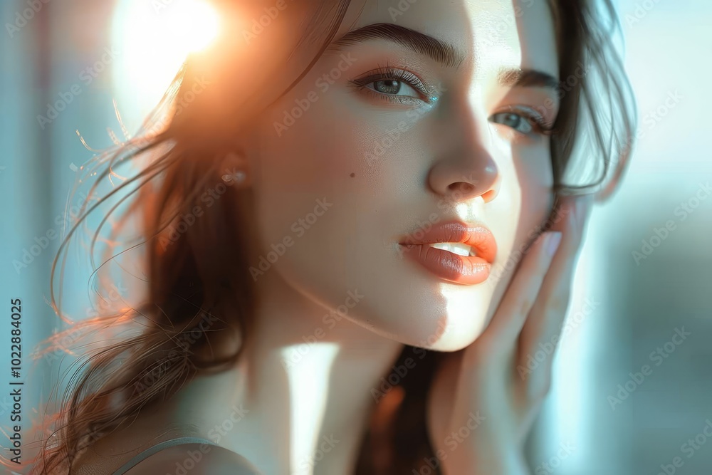 The young woman gazes thoughtfully with soft, glowing skin, enhanced by warm sunlight filtering through a window, creating a serene and intimate atmosphere. The young woman gazes thoughtfully with soft, glowing skin, enhanced by warm sunlight filtering through a window, creating a serene and intimate atmosphere.