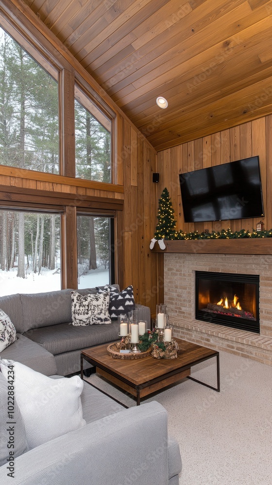 A warm and inviting living room is decorated for Christmas, featuring string lights, a small tree, cozy seating, and lit candles, perfect for the holiday season A warm and inviting living room is decorated for Christmas, featuring string lights, a small tree, cozy seating, and lit candles, perfect for the holiday season