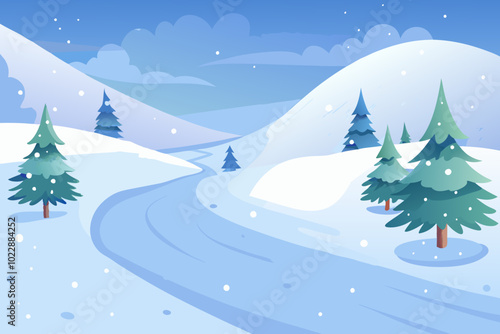 Winter landscape with snow, trees and mountain. Snowy nature, frosty winter day. Vector cartoon illustration