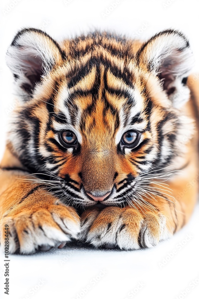 Fototapeta premium A cute baby tiger, isolate on white background, small and endearing in its pose.
