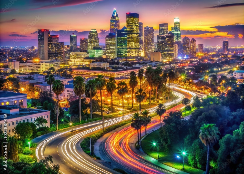 Fototapeta premium Vibrant Night Lights and Urban Life on the Streets of Los Angeles Illuminated After Sunset