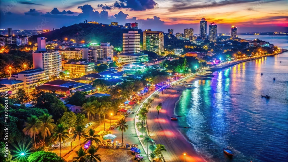 Fototapeta premium Vibrant Nightlife in Pattaya: Colorful Lights and Lively Atmosphere at a Popular Coastal Destination