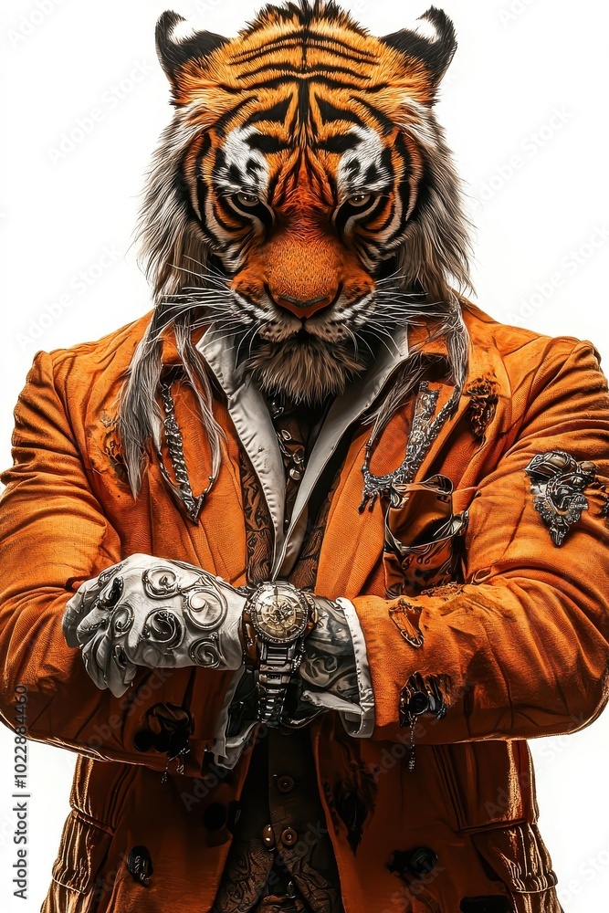 Fototapeta premium A tiger dressed in a sharp suit, isolate on white background, mixing elegance and wildness.