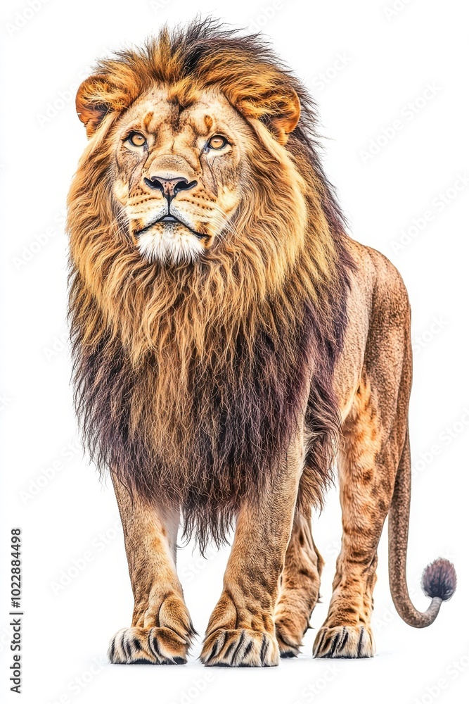 A majestic lion stands proud, isolate on white background, exuding strength and confidence. A majestic lion stands proud, isolate on white background, exuding strength and confidence.