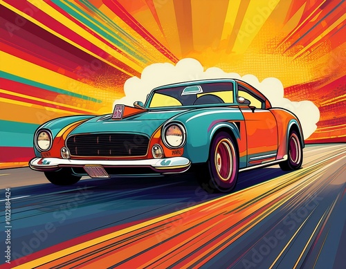 Retro race car on road and colorful background. Comic book style 