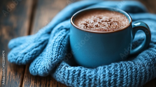 A cozy winter scarf and gloves on a wooden surface, with a mug of hot cocoa beside them, soft winter mood