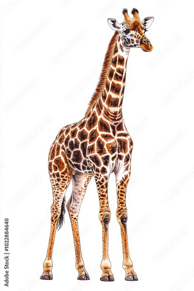 An elegant giraffe standing, isolate on white background, showcasing its unique features. An elegant giraffe standing, isolate on white background, showcasing its unique features.