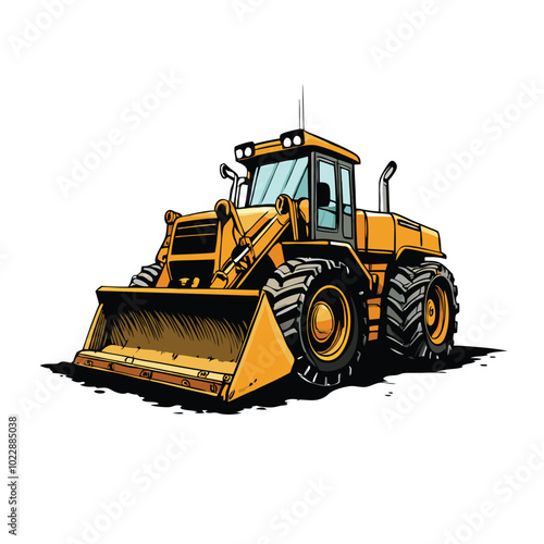 A detailed illustration of a bulldozer working on a construction site, showcasing its powerful engine, massive tires and large bucket.