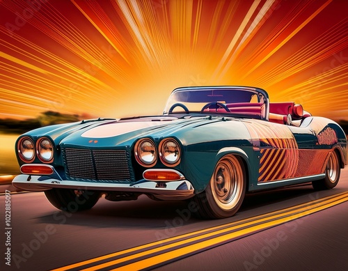 Retro race car on road and colorful background. Comic book style 