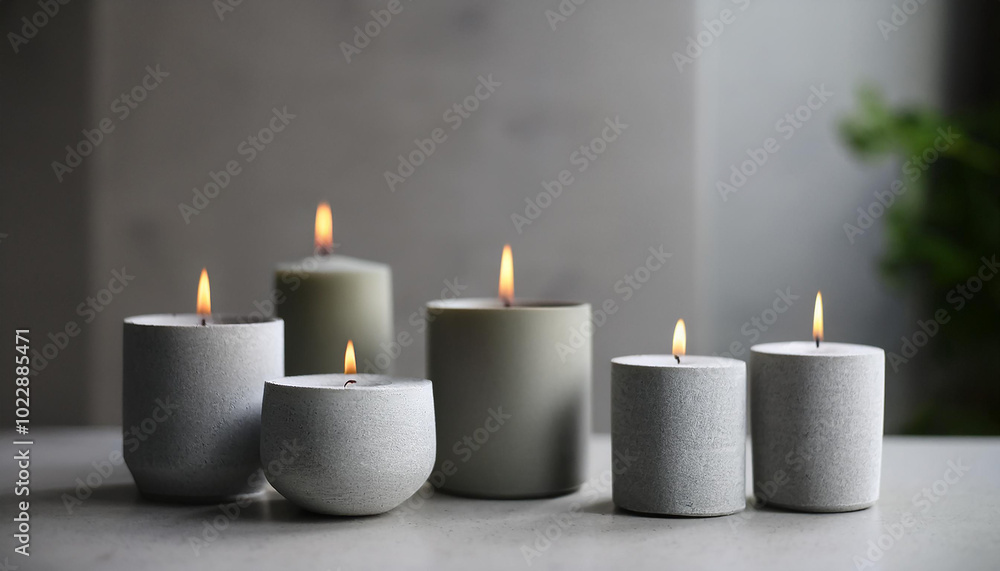 Burning candles in concrete holders. Minimalist modern design. Burning candles in concrete holders. Minimalist modern design.
