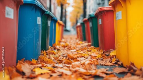 Colorful Trash Bins in a Narrow Urban Lane