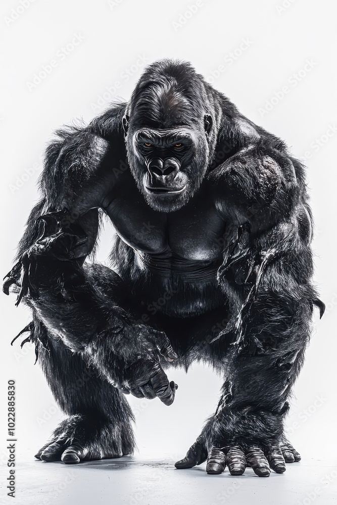 Fototapeta premium A strong gorilla standing confidently, isolate on white background, showcasing its impressive physique.