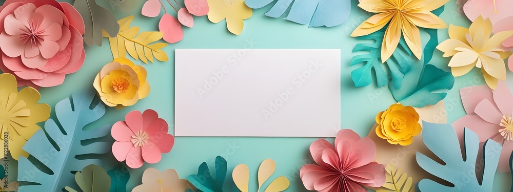 custom made wallpaper toronto digitalPhoto of a blank card surrounded by cutout paper flowers and leaves on a pastel background, in a flat lay composition
