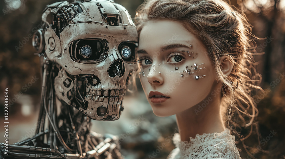 Future love between man and machine, android and human, woman and robot, cyborg and humanoid Future love between man and machine, android and human, woman and robot, cyborg and humanoid