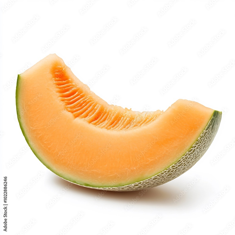 A slice of cantaloupe on a white background. A slice of cantaloupe on a white background.
