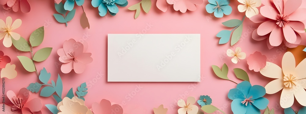 Photo of a blank card surrounded by cutout paper flowers and leaves on a pastel background, in a flat lay composition Photo of a blank card surrounded by cutout paper flowers and leaves on a pastel background, in a flat lay composition