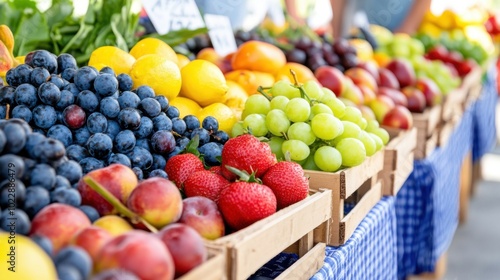 Fresh fruits displayed on wooden crates at a vibrant market setting. Crop and agriculture.