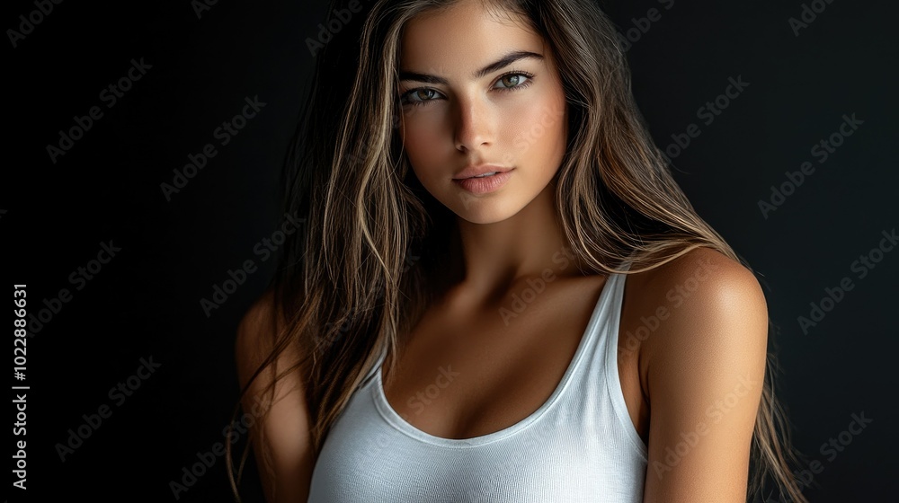 Beautiful woman in white T-shirt Female breast dark background Beautiful woman in white T-shirt Female breast dark background